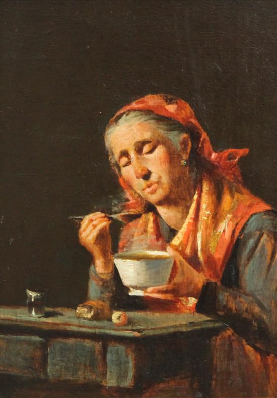 19th century Italian School Woman eating a bowl of soup, 7 x 5in.
